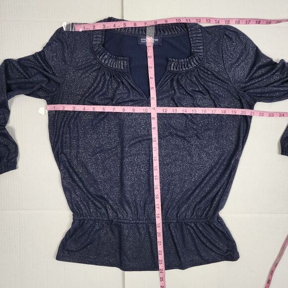 Jones New York Metallic Top Navy Silver Peplum Long Sleeve Pullover Size MP - Picture 7 of 15
